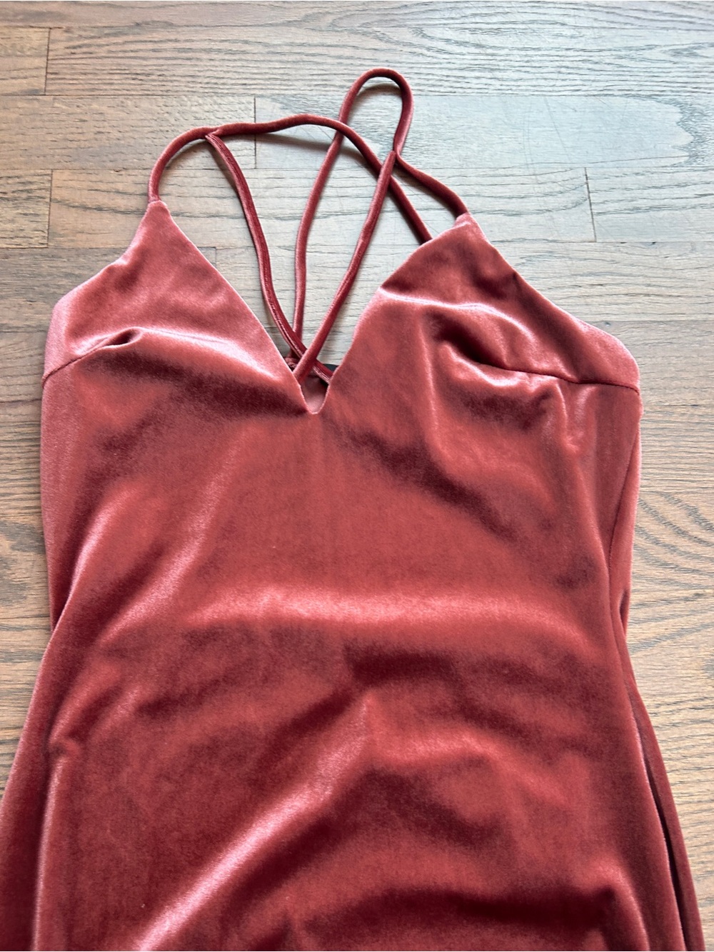 The vintage shop strappy v neck Velvet Slip Dress in Rust - Picture 5 of 7